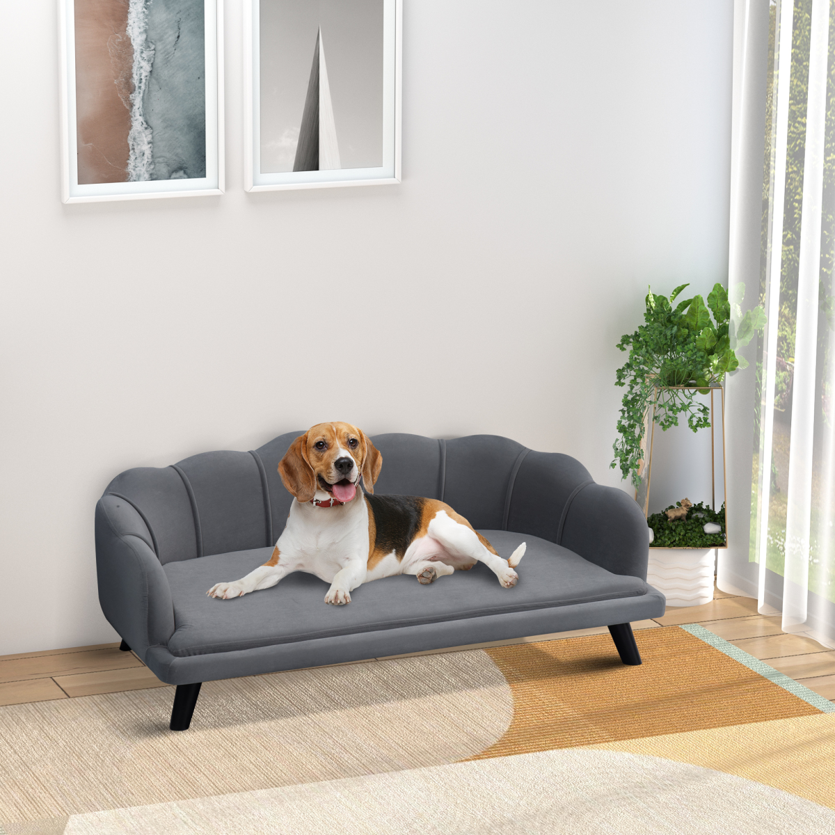 PawHut Dog Sofa Bed with Washable Cushion & Birch Legs – Grey Shell Design Pet Couch for Medium & Large Dogs
