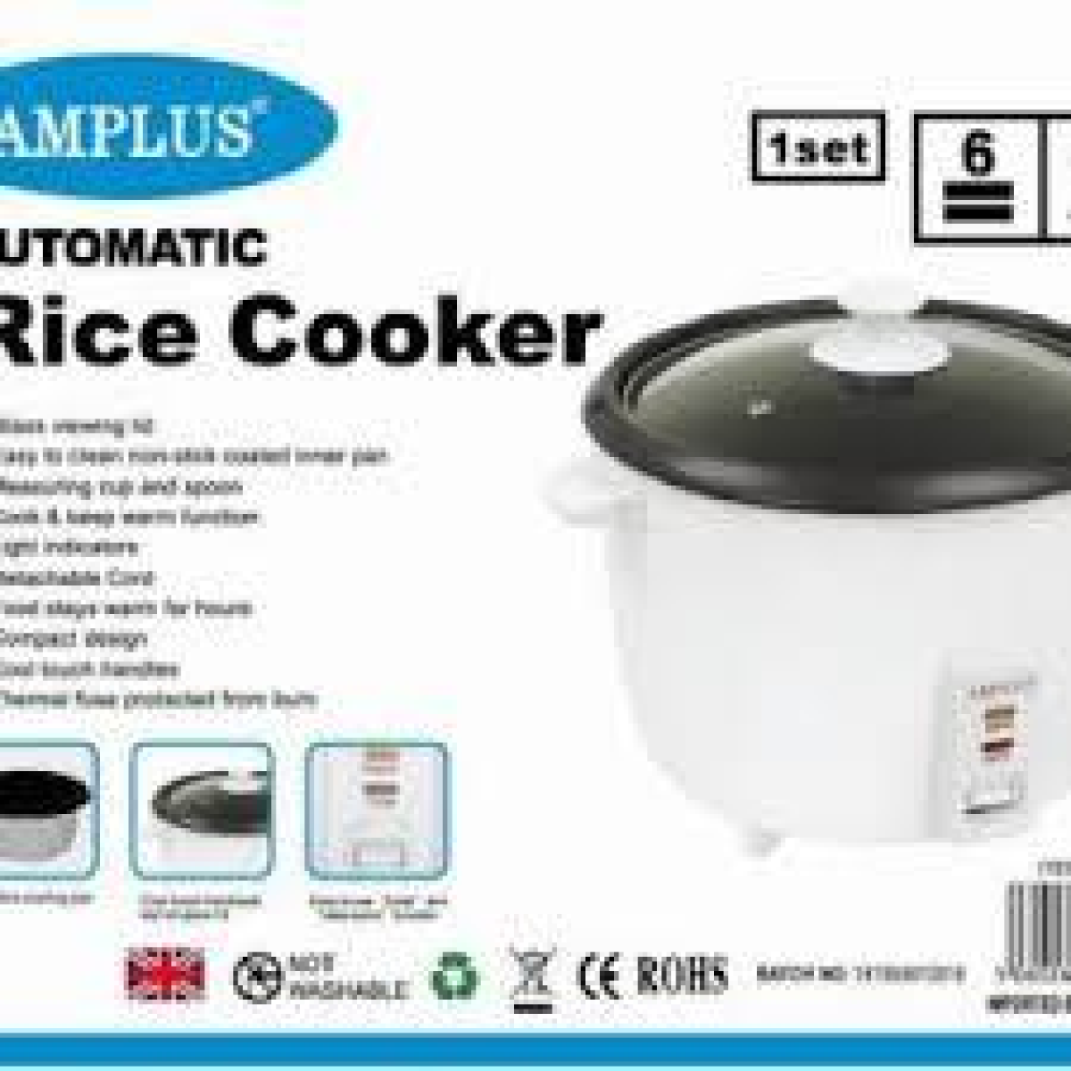 Amplus 2.5L Automatic Rice Cooker 1925 with Non-Stick Bowl, Glass Lid & Keep Warm Function