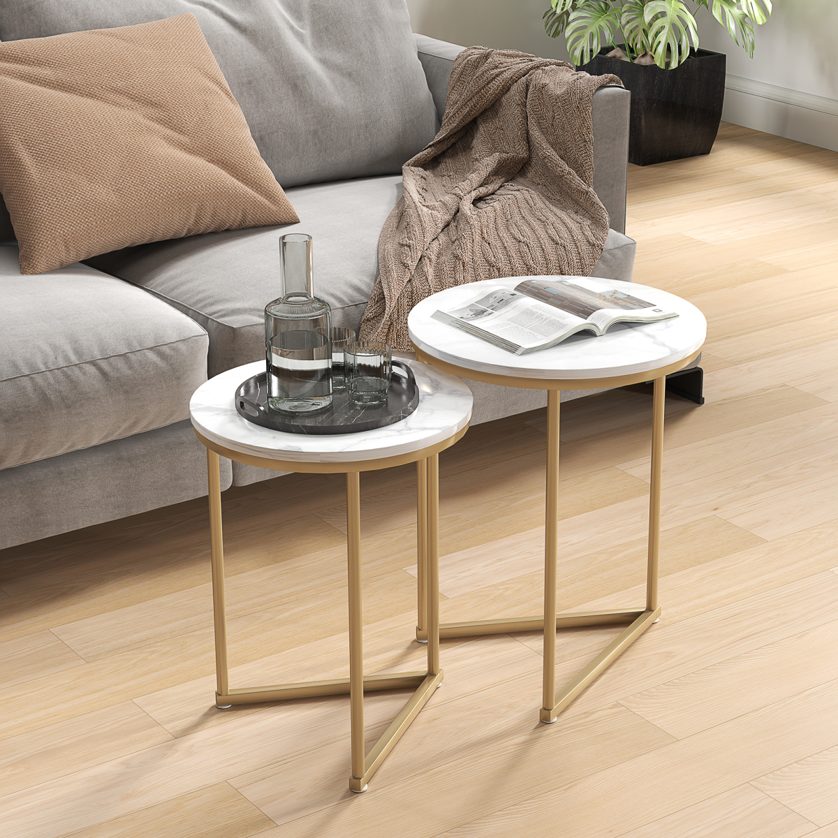 HOMCOM Nesting Coffee Table Set of 2 with Marble-Effect Tops and Gold-Tone Metal Frame – Living Room Side Tables