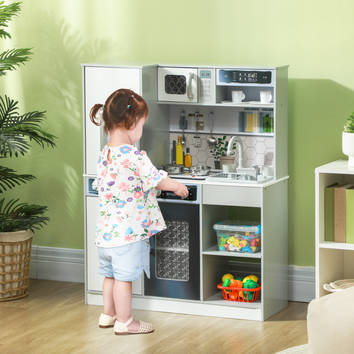 AIYAPLAY Play Kitchen with Lights, Sounds, Microwave, Fridge and Coffee Maker – Pretend Toy Kitchen, White