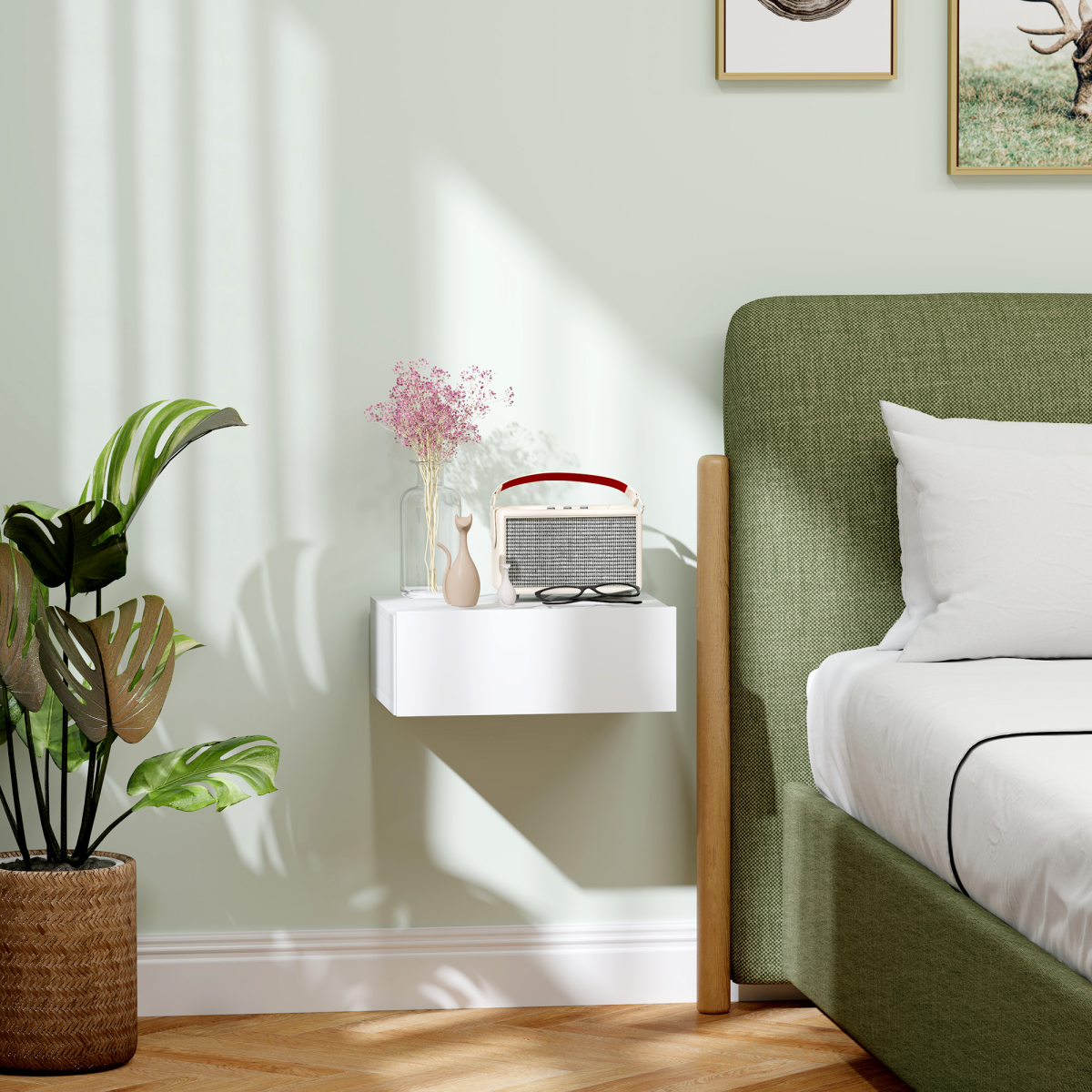 HOMCOM Floating Bedside Table with Drawer – Wall-Mounted Space-Saving Nightstand for Bedroom, White