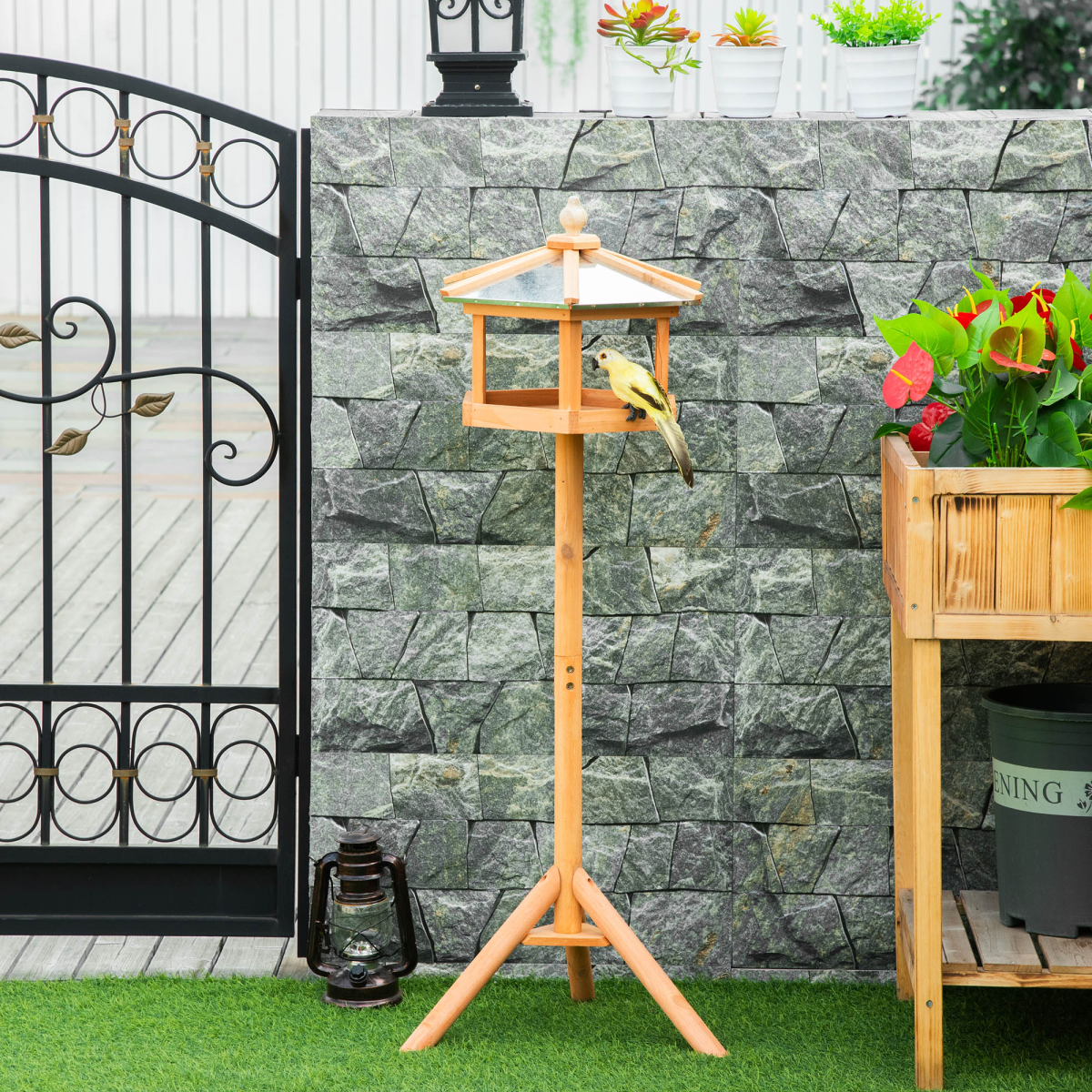 PawHut Wooden Bird Feeder Stand with Pitched Roof – Garden Feeding Station and Platform, Fir Wood Tripod Base