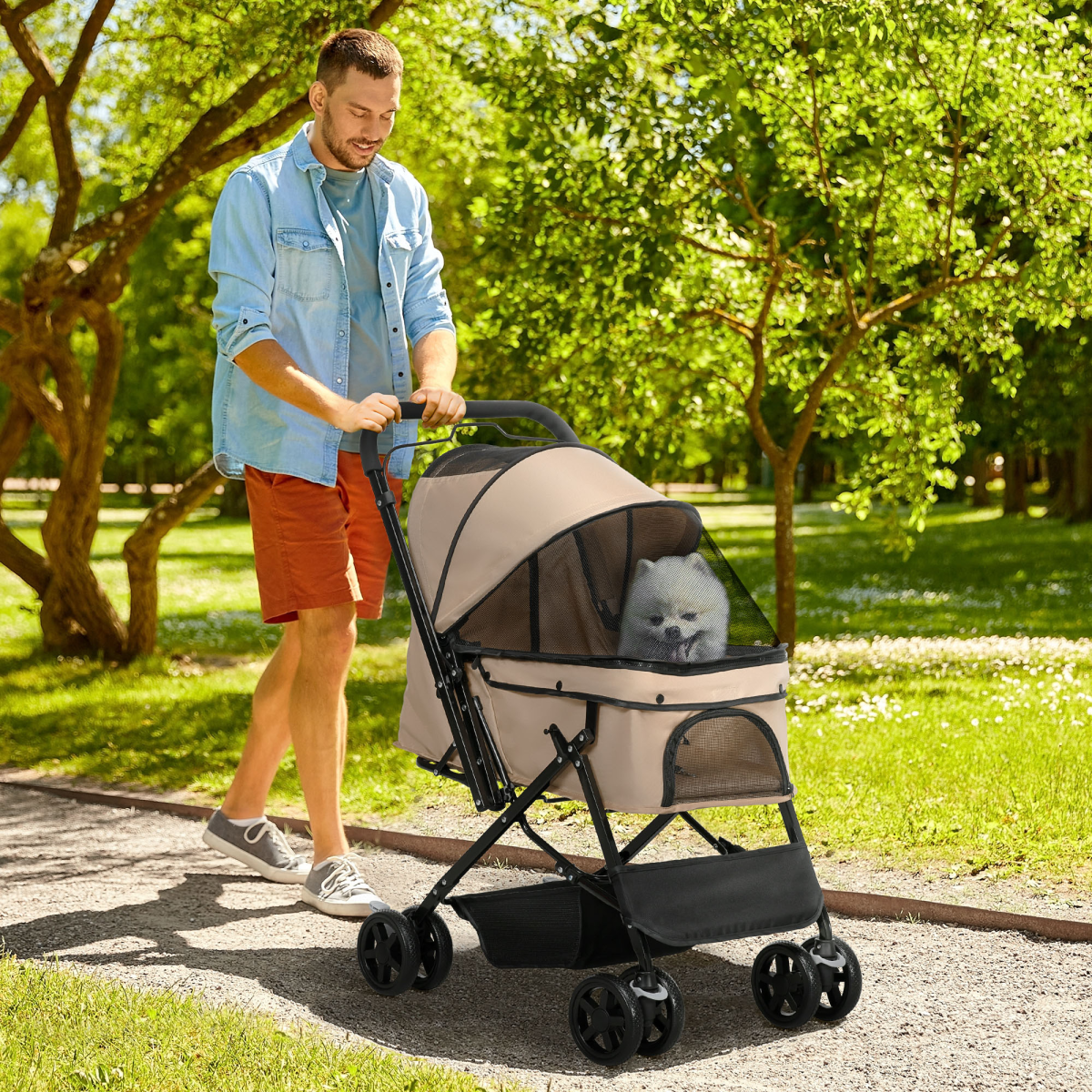 PawHut Foldable Pet Stroller for Small Dogs with Reversible Handle, Canopy & 4 Wheels – Travel Carriage, Brown