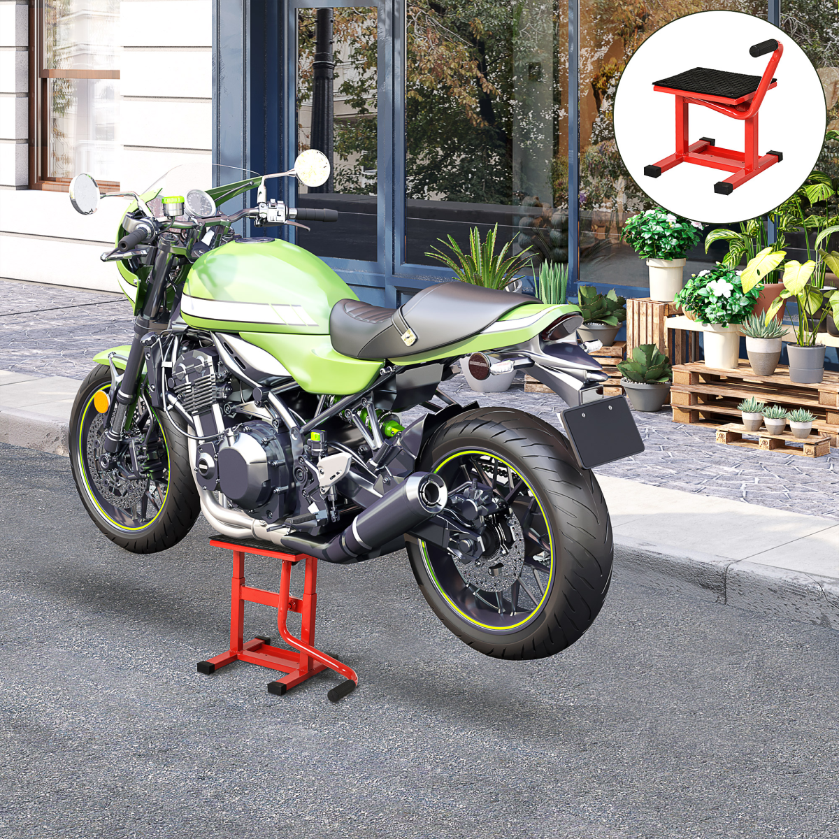 DURHAND Steel Motorbike Jack Lift with Crank Handle & Rubber Platform – 150kg Repair Stand for Garage Use