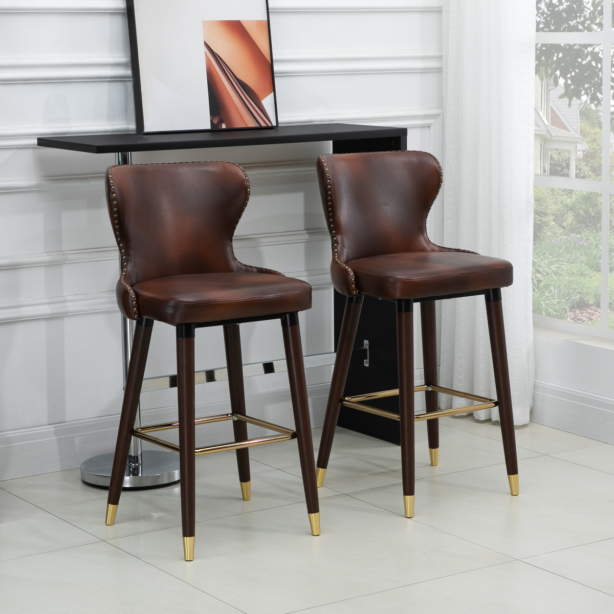 HOMCOM Luxury European Style PU Leather Bar Stools, Set of 2 with Padded Seat & Footrest – Brown