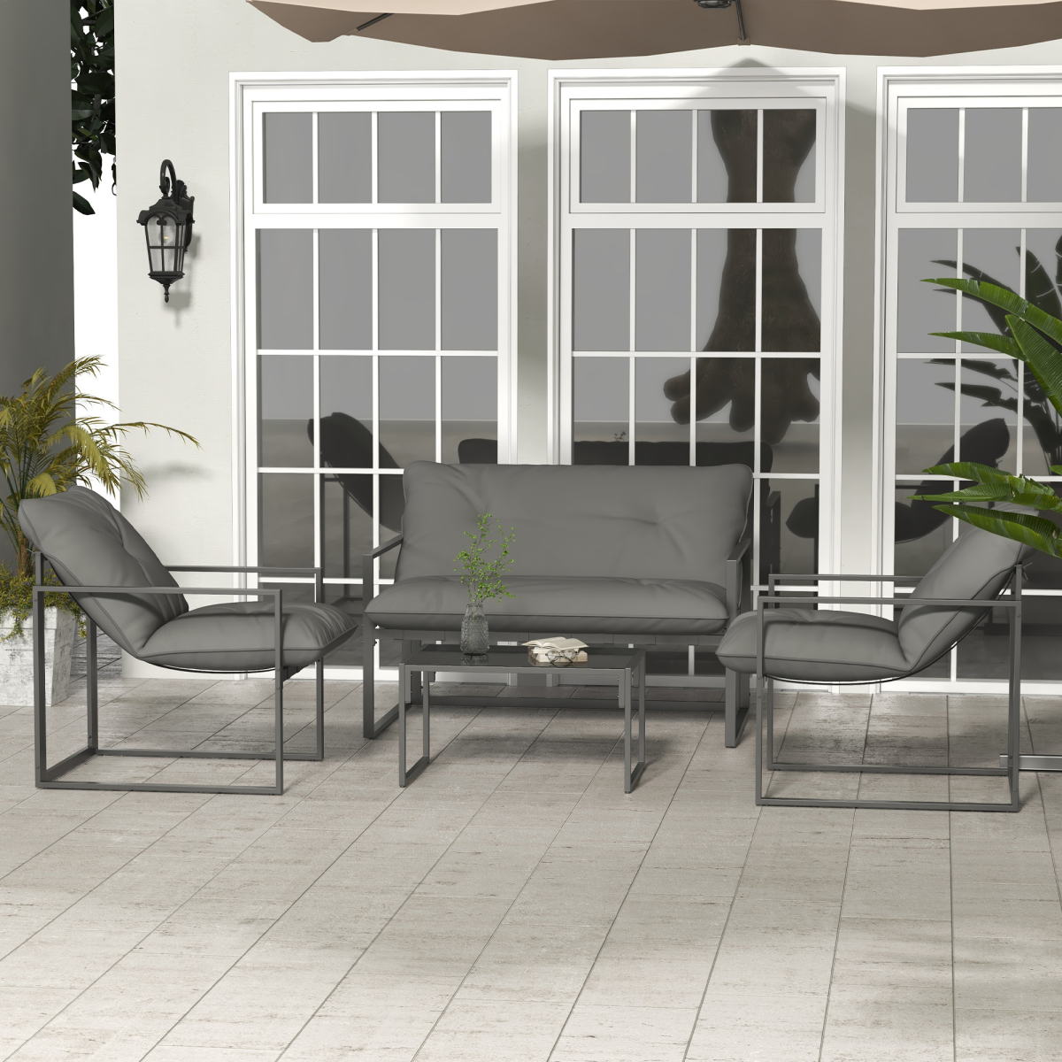 Outsunny 4-Piece Garden Sofa Set with 2 Armchairs, Loveseat & Tempered Glass Coffee Table – Patio Furniture, Grey