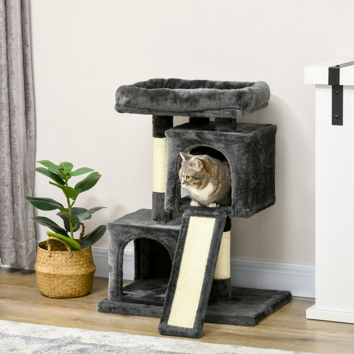PawHut Cat Activity Tree with 2 Houses, Cushioned Perch and Sisal Scratching Posts – Indoor Cat Tower, Black