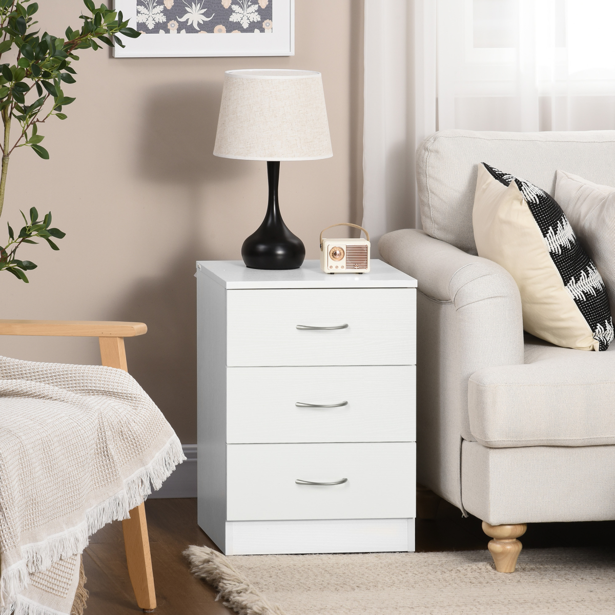 HOMCOM Modern 3 Drawer Bedside Table with Anti-Tipping Straps – Wooden Side Cabinet for Bedroom, White