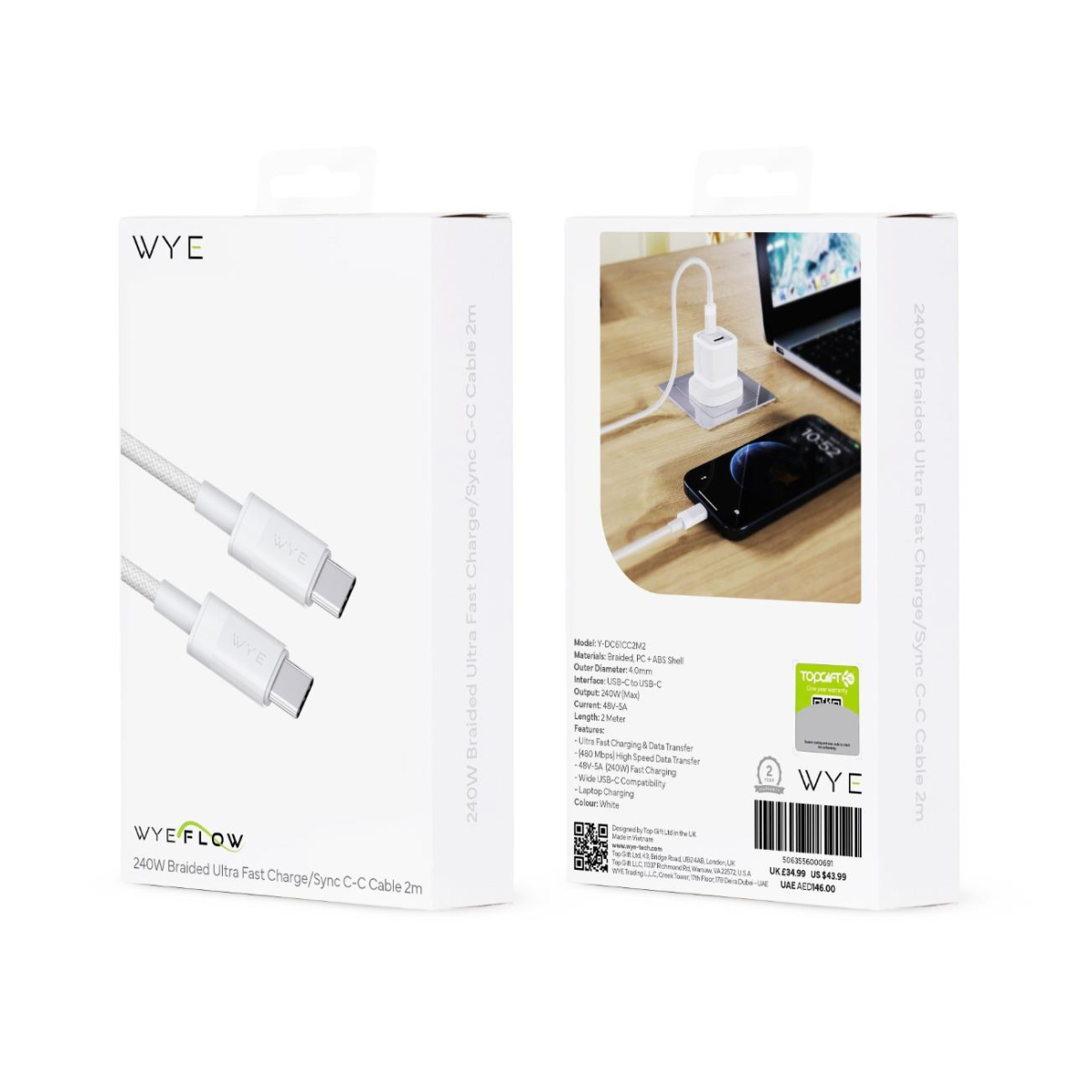 WYE 240W Braided USB-C to USB-C Ultra Fast Charge & Sync Cable, 2m – Laptop Charging and Data Transfer, White