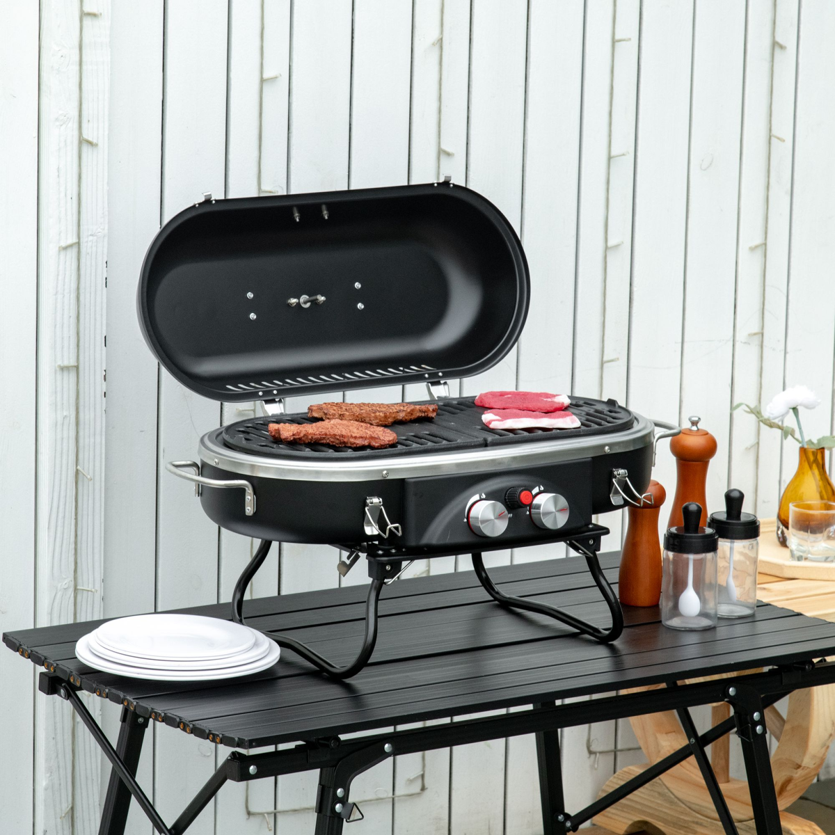 Outsunny 2 Burner Table-Top Gas BBQ Grill with Piezo Ignition & Thermometer – Portable Patio Grill