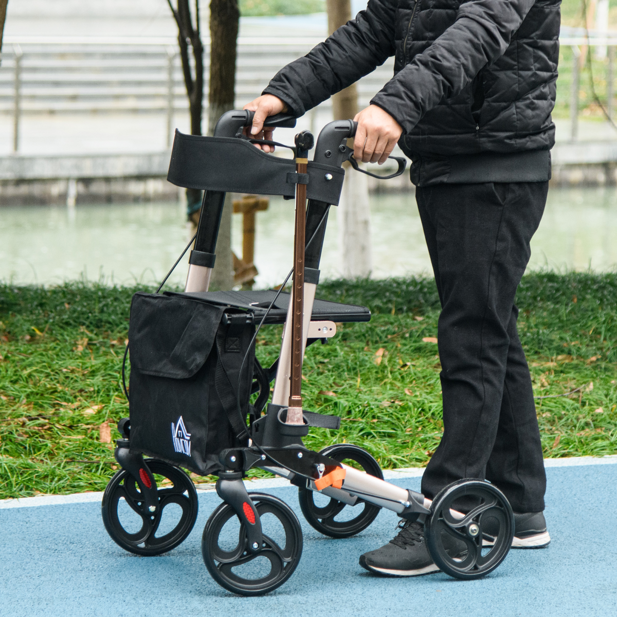 HOMCOM 4-Wheel Rollator Walker with Seat, Backrest & Bag – Height Adjustable Walking Aid, Gold Tone