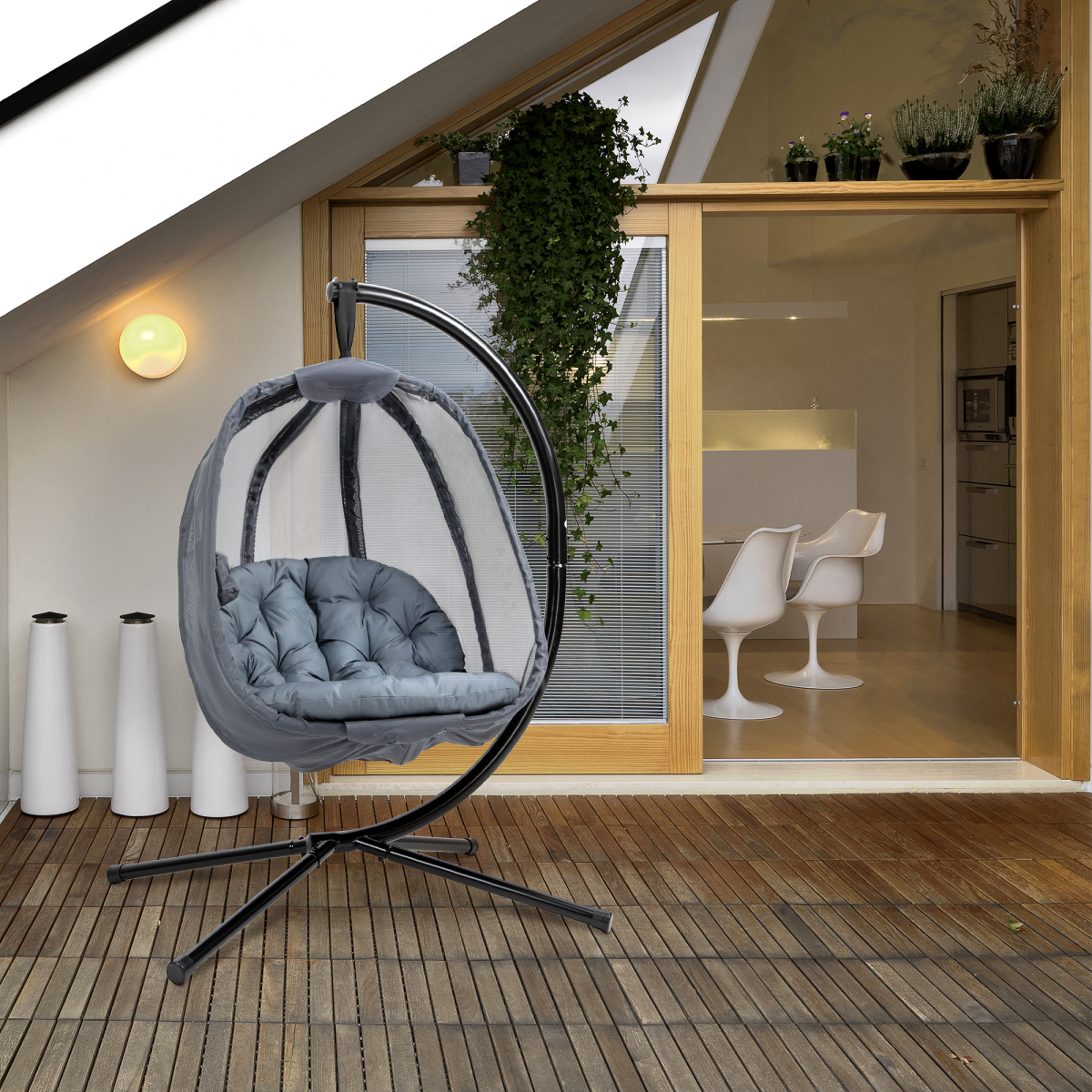Outsunny Folding Hanging Egg Chair with Cushion, Stand & Pocket – Indoor Outdoor Swing Seat, Grey