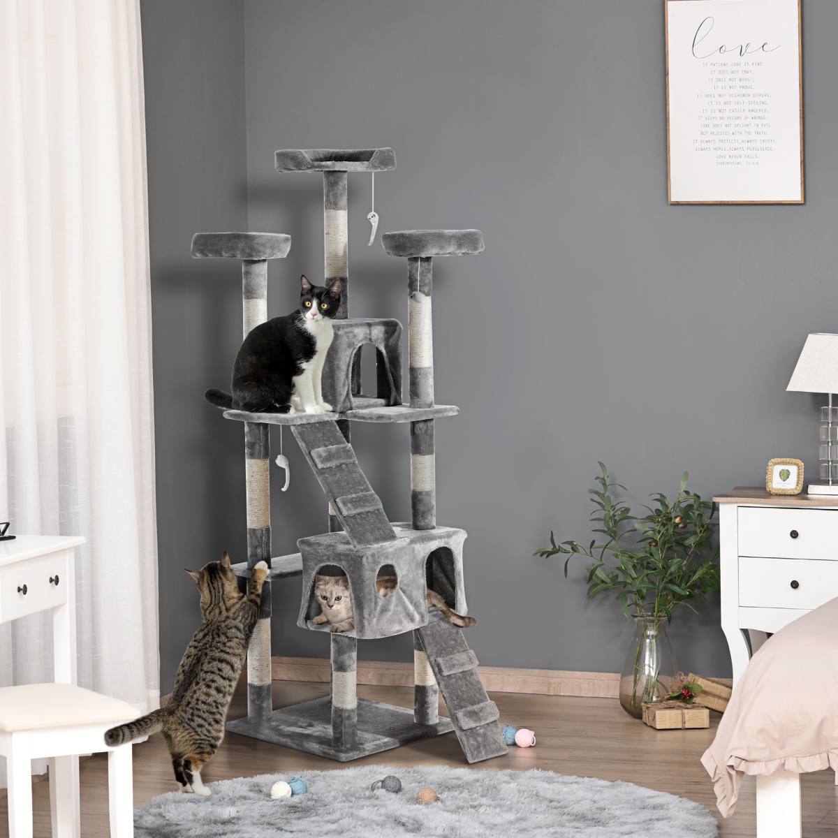 PawHut Tall Cat Tree Activity Centre with Condos, Perches, Sisal Scratching Post and Dangling Toys, 170 cm, Grey