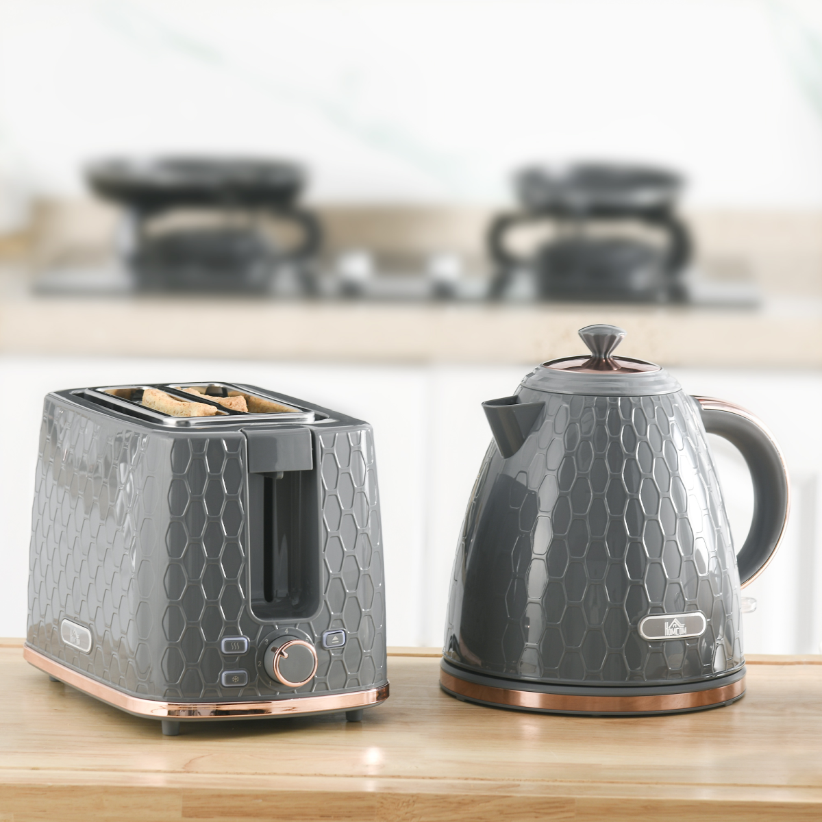 HOMCOM 1.7L Fast Boil Kettle and 2-Slice Toaster Set with 7 Browning Levels – Honeycomb Design, Grey