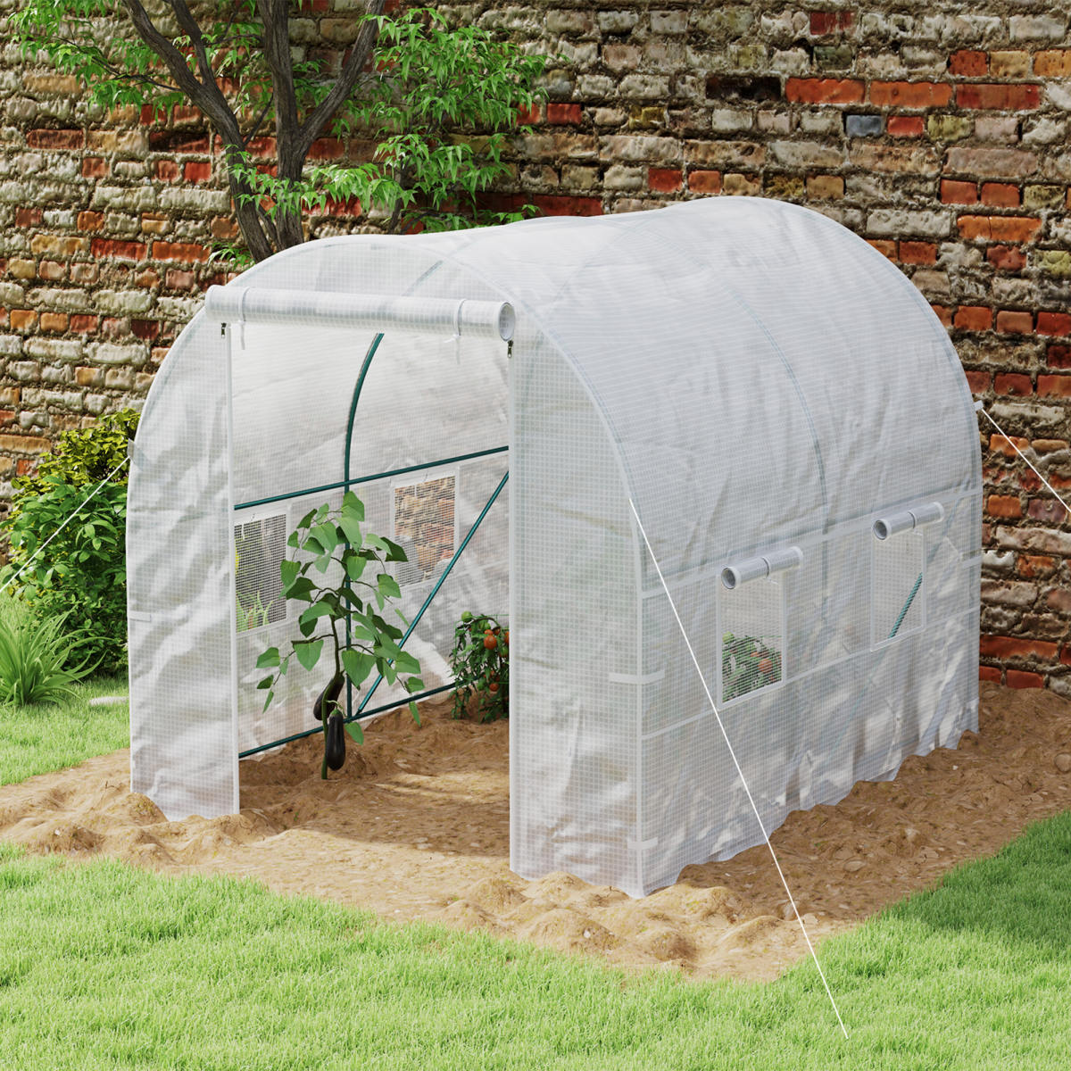 Outsunny 2 x 2.5m Polytunnel Greenhouse with Roll-Up Door and Mesh Windows, Steel Frame, PE Cover, White