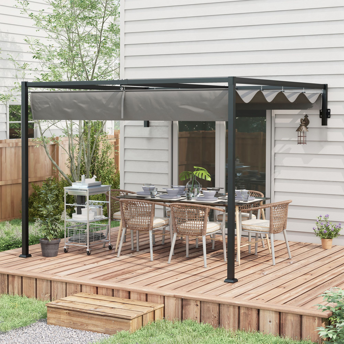 Outsunny 3x4m Wall Mounted Pergola with Retractable Canopy – UV-Resistant Sun Shade, Dark Grey