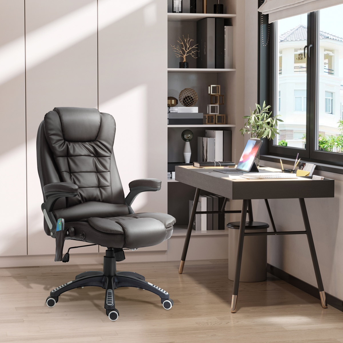 Executive Heated Massage Office Chair with 6-Point Vibration & 135° Recline – Brown Faux Leather