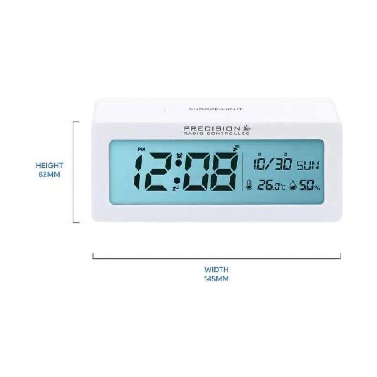Precision Radio Controlled Digital Alarm Clock AP061 – Snooze Function & Backlit Display, White