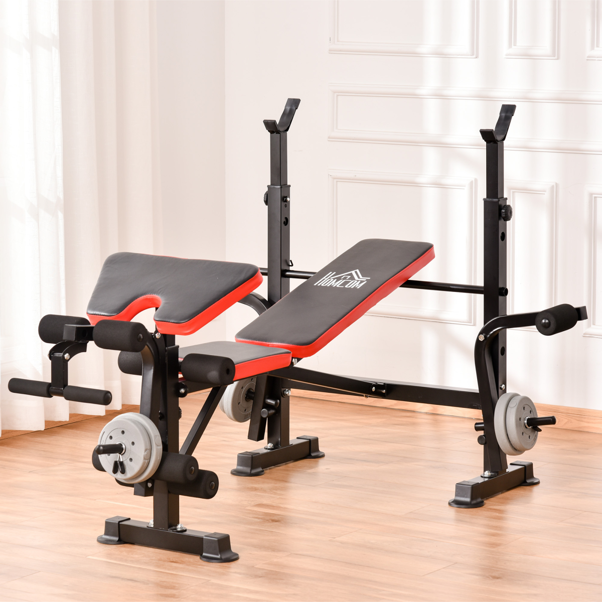 HOMCOM Multi-Function Adjustable Weight Bench with Barbell Rack, Preacher Curl Pad & Leg Curl – Home Gym