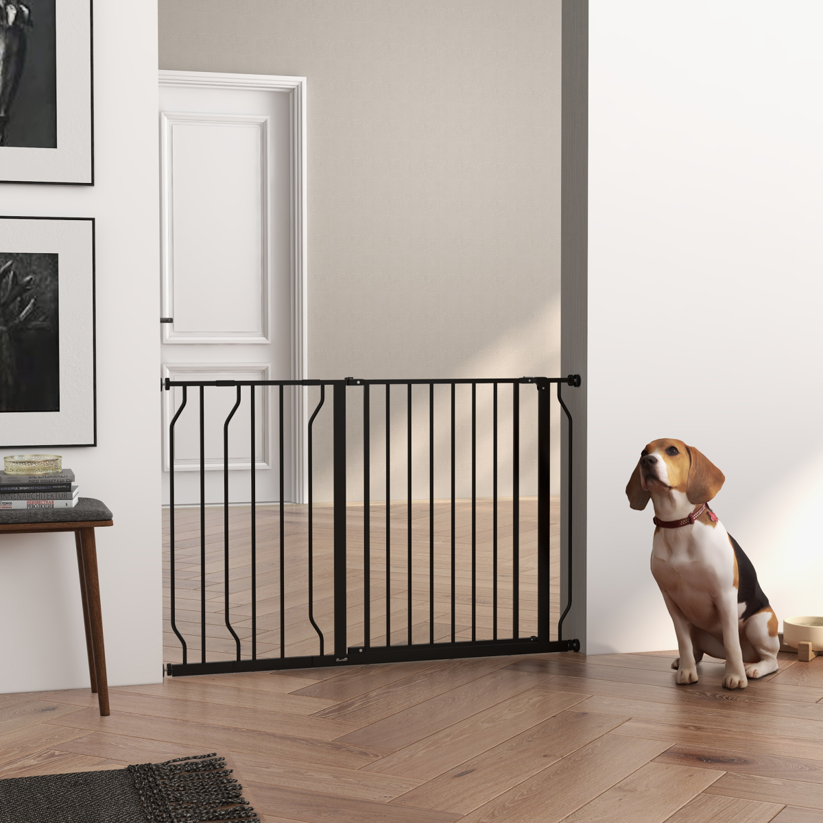 PawHut Wide Dog Gate with Door, Pressure Fit Stair Gate, 75–115 cm Adjustable – Pet Barrier, Black