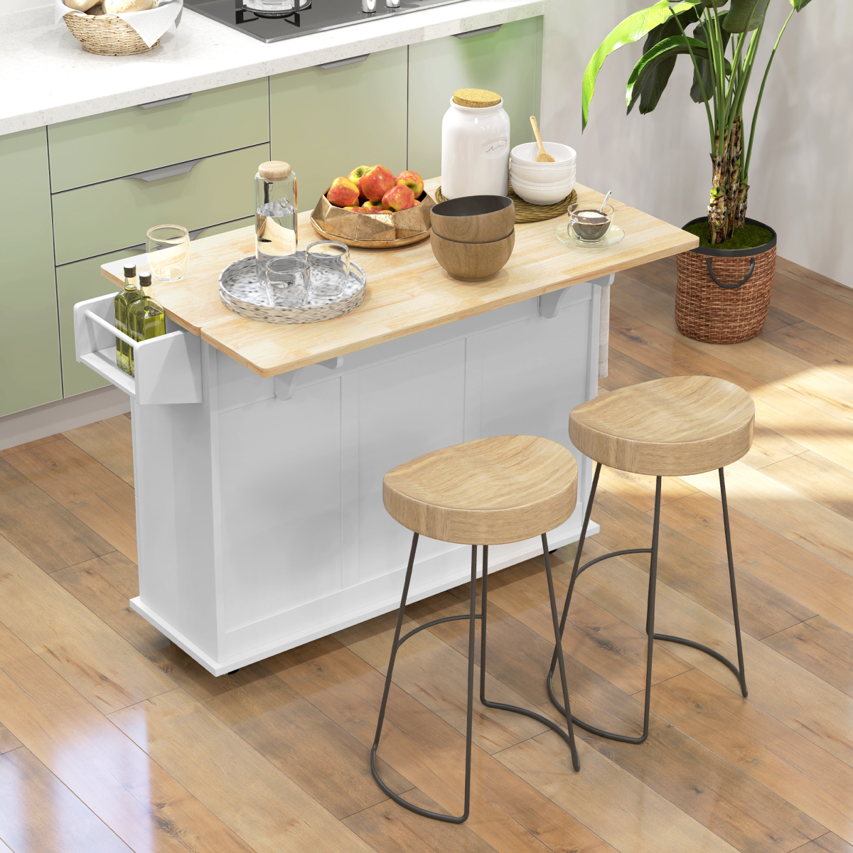 HOMCOM Kitchen Island Cart on Wheels with Drop Leaf, 3 Drawers & Cabinet – Rolling Kitchen Storage, White