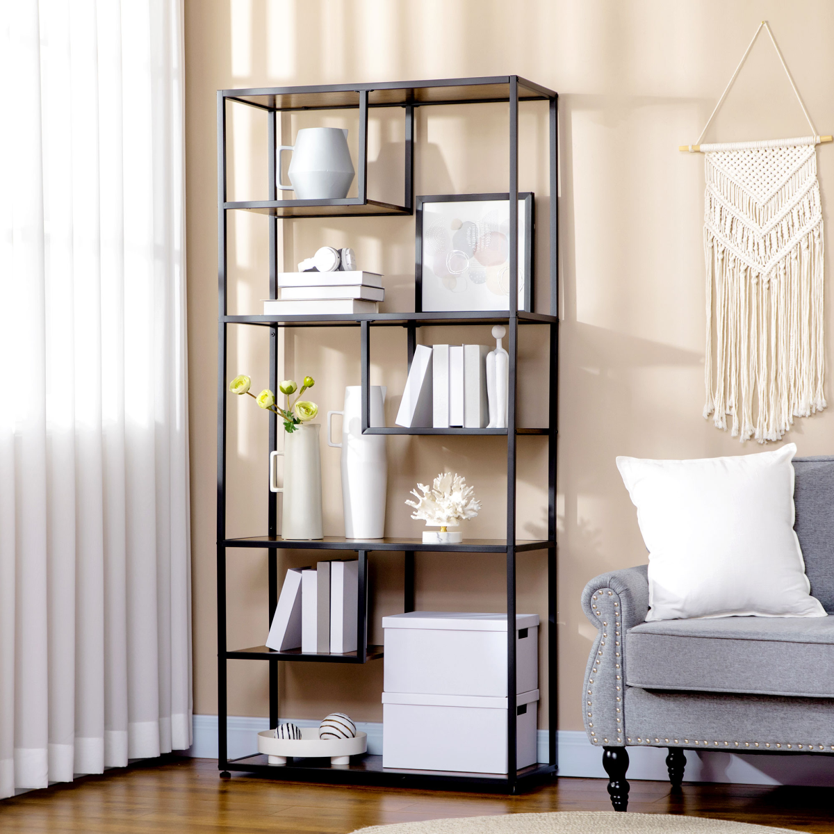 HOMCOM 7-Tier Industrial Bookshelf with Steel Frame and Anti-Tipping Straps – Free Standing Study Storage