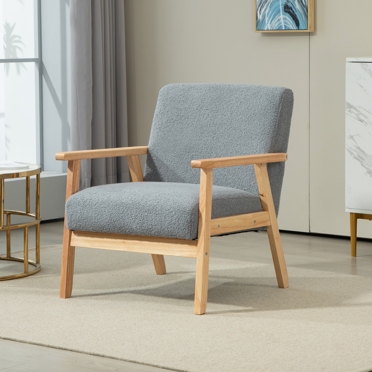 HOMCOM Wide Seat Accent Armchair with Solid Wood Frame & Cashmere-Feel Fabric – Living Room Chair, Grey