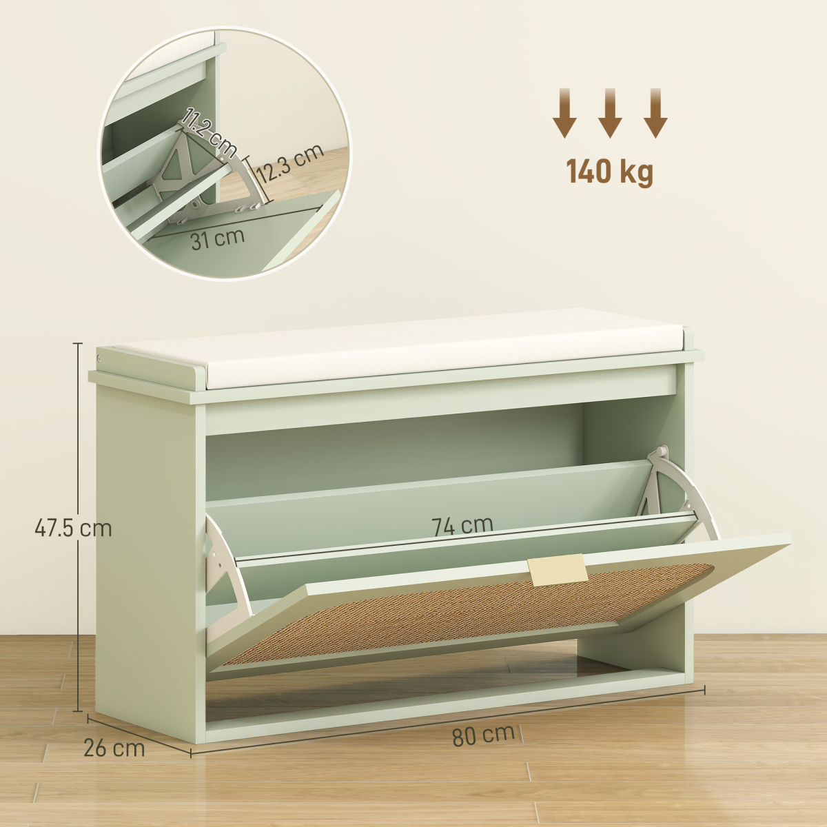 Shoe Storage Bench with Rattan-Accent Flip Drawer & Padded Cushion – Hallway Cabinet for 8 Pairs, Light Green