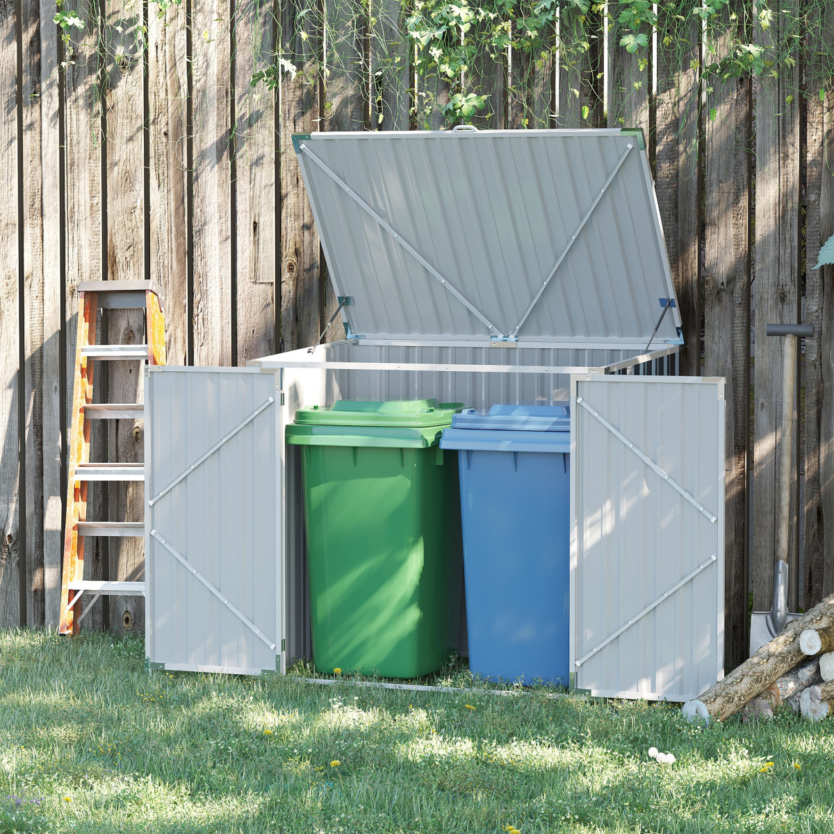 Outsunny 2-Bin Steel Rubbish Storage Shed with Double Locking Doors & Lift-Up Lid – Outdoor Wheelie Bin Store