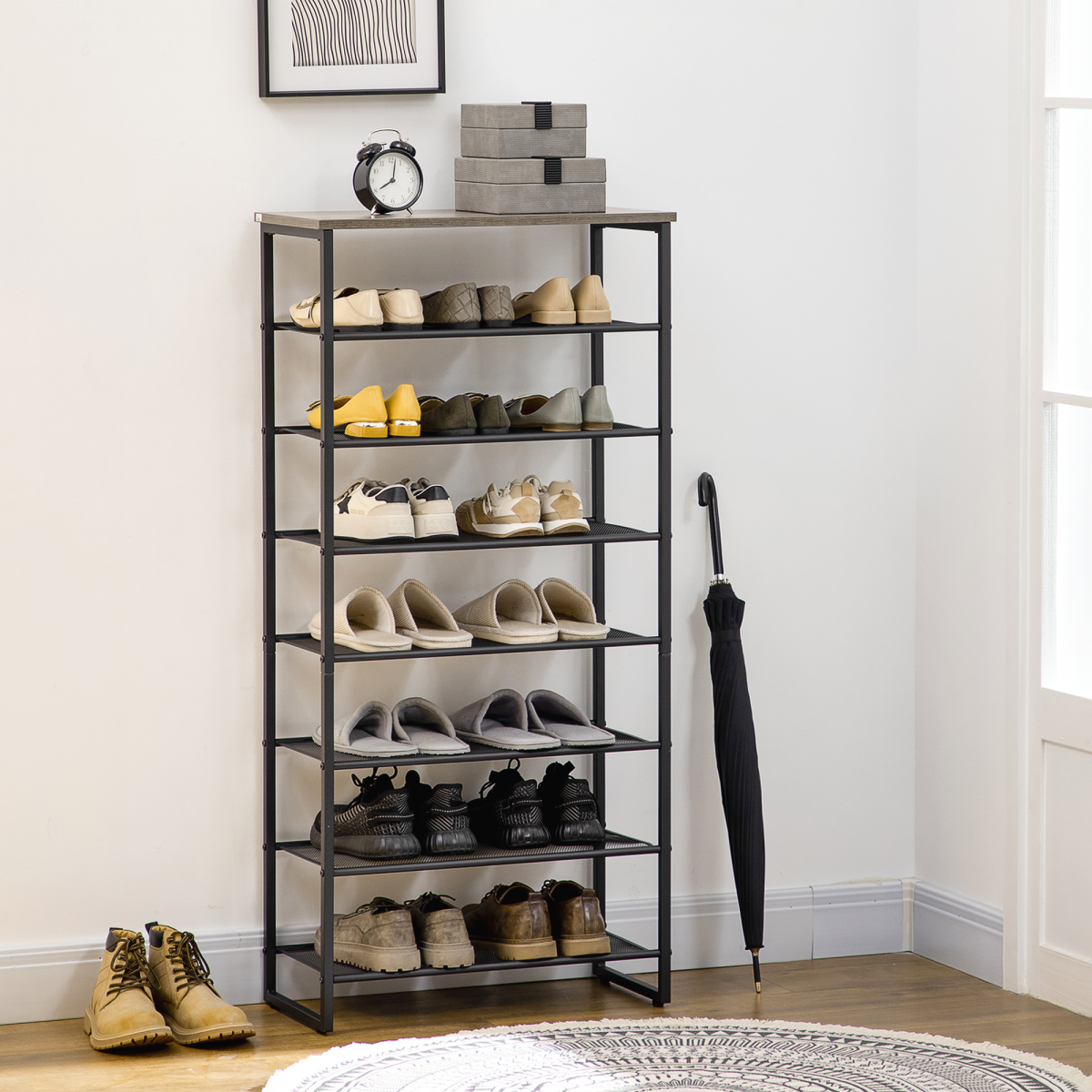 HOMCOM 8-Tier Metal Shoe Rack with Mesh Shelves, Holds 21–24 Pairs, 126cm Tall