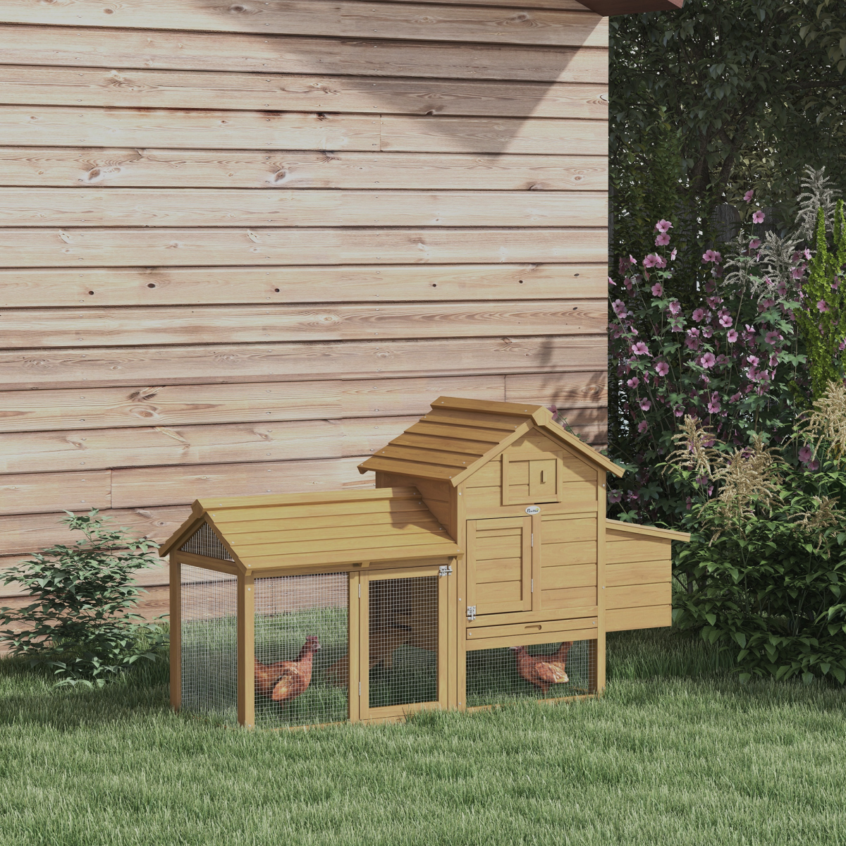 Small Wooden Chicken Coop with Nesting Box, Outdoor Run, Ramp & Slide-Out Tray – Hen House, 150.5 x 54 x 87cm