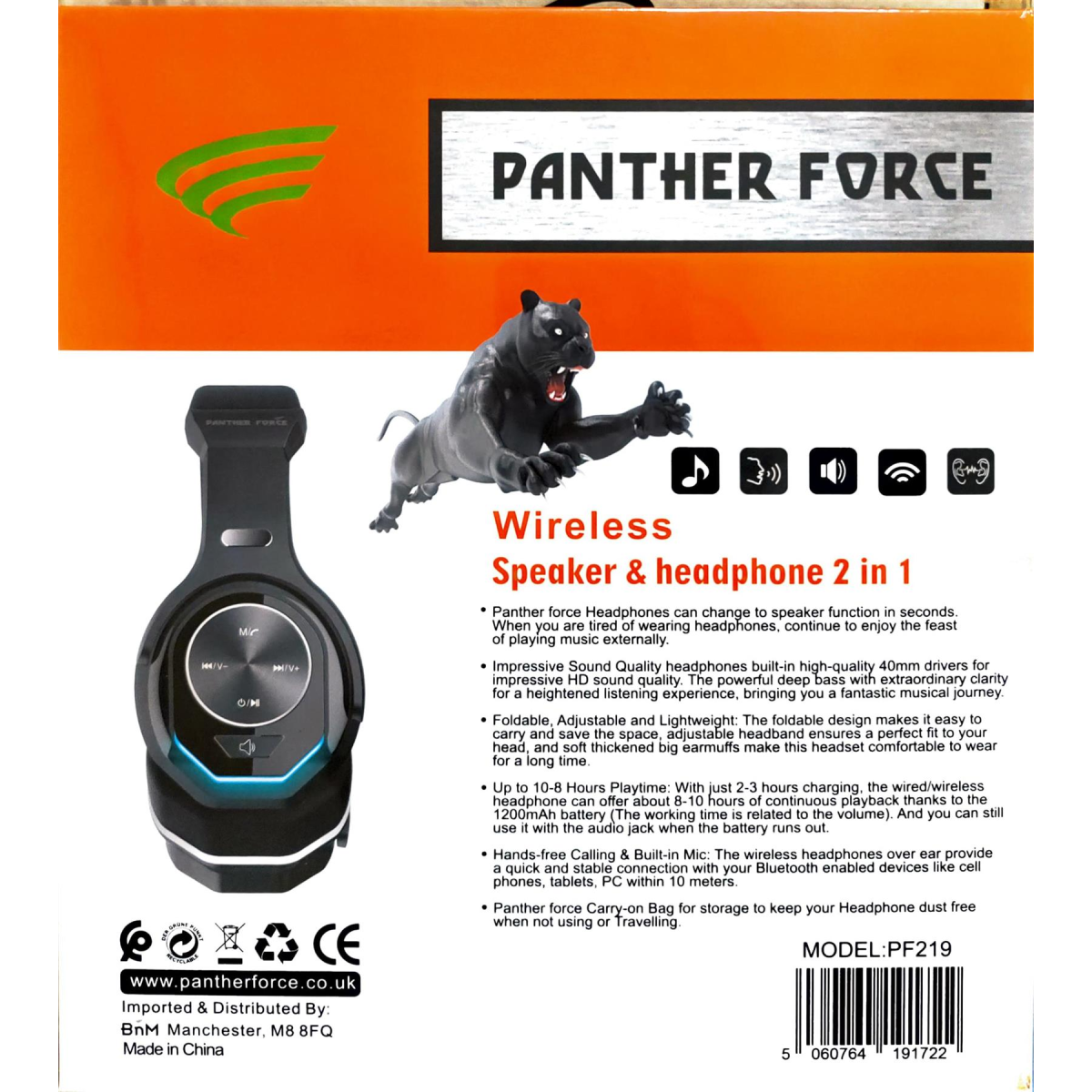 Panther Force PF219 Wireless Bluetooth Headphones with Twist-Out Speaker – Foldable, Built-In Mic, USB-C