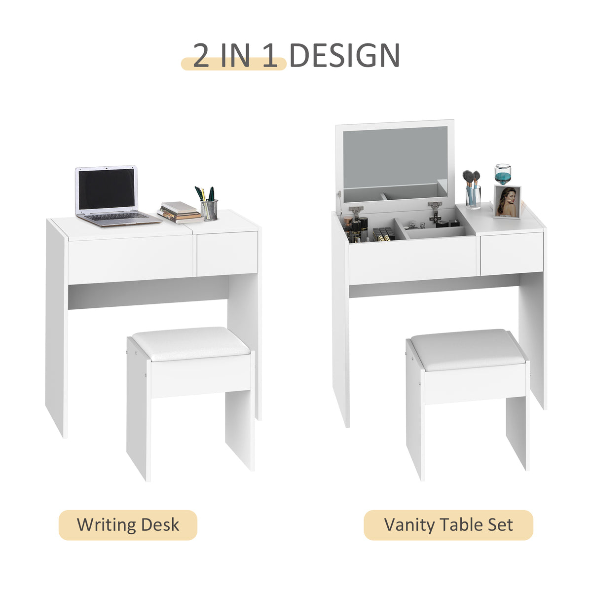HOMCOM Flip-Top Mirror Dressing Table Set with Cushioned Stool – Vanity and Writing Desk, White