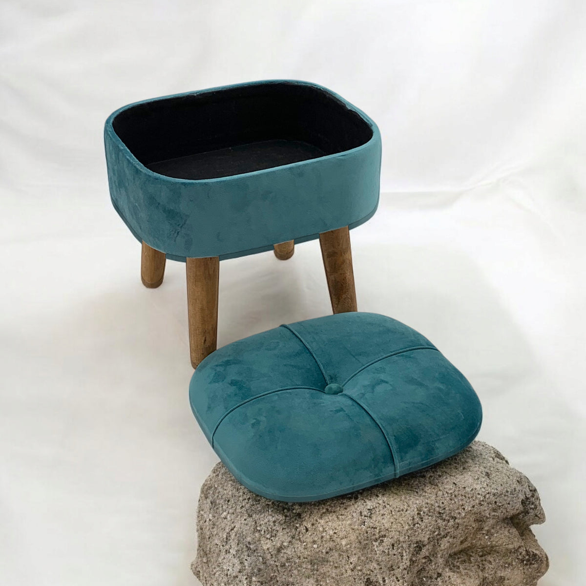 AcaciaHome Round Velvet Ottoman Footstool with Lift-Up Storage – Traditional Pattern for Living Room or Office, Blue