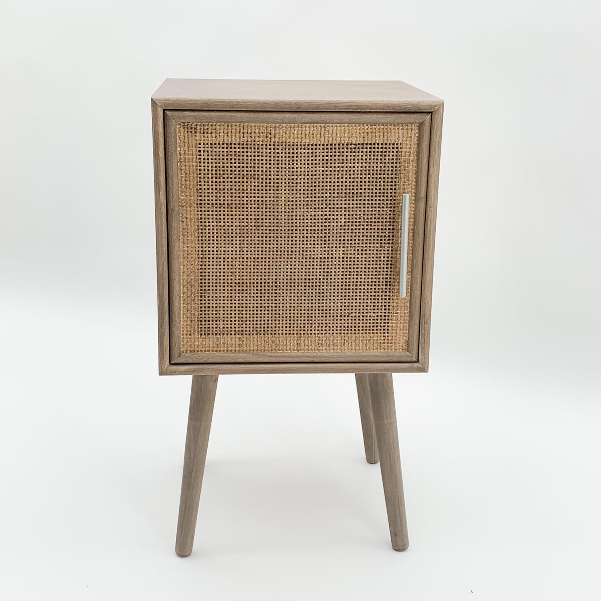 AcaciaHome Dark Brown Rattan Bedside Cabinet – 71cm Bedroom Table with Cane Door and Metallic Handle