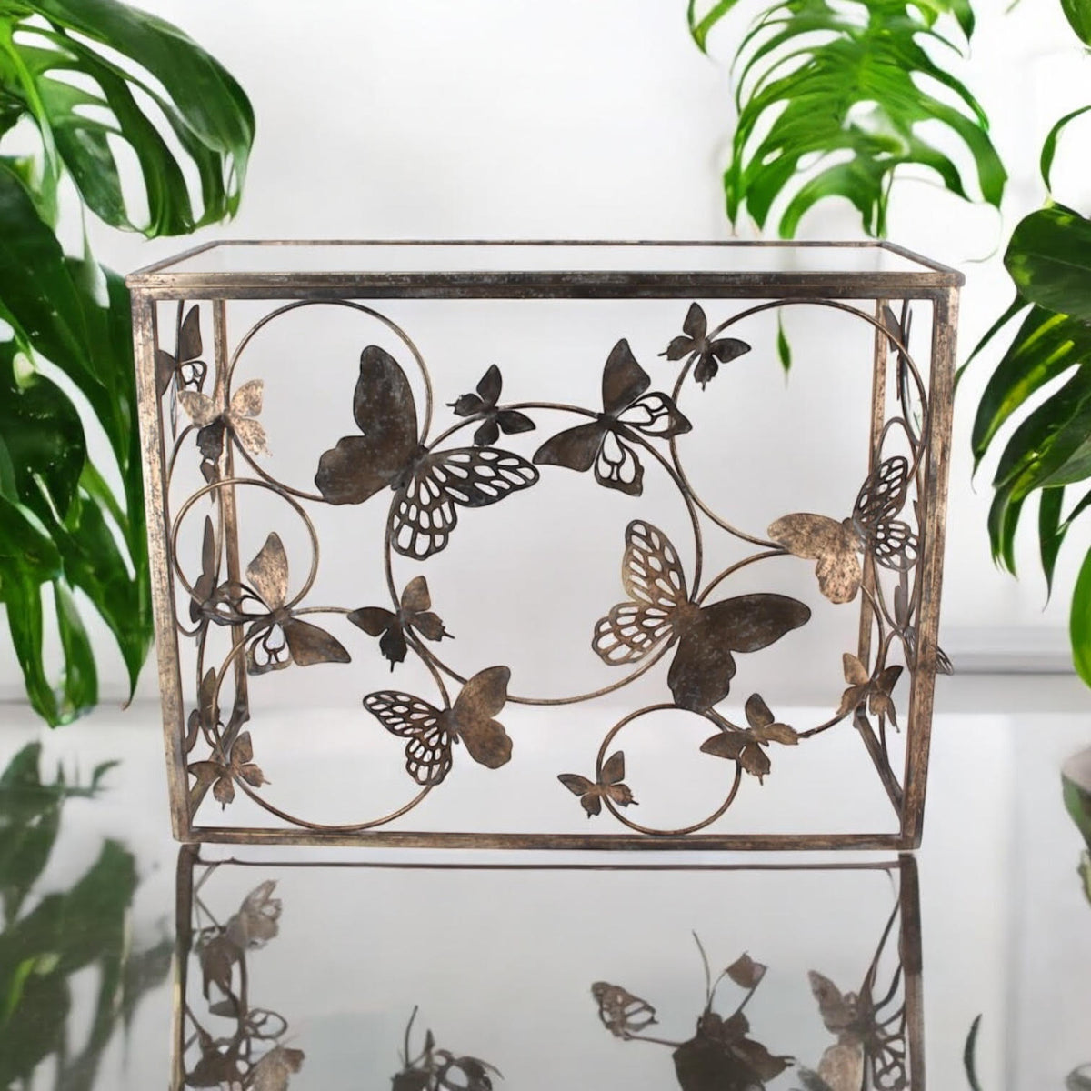 AcaciaHome Gold Butterfly Console Table with Glass Top – Art Deco Metal Sideboard for Living Room or Hallway