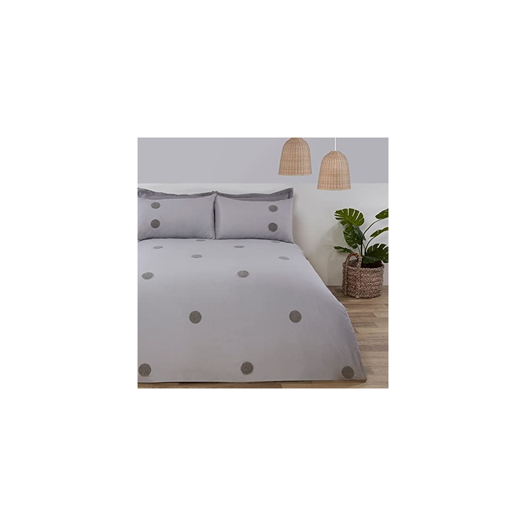 Sleepdown Embroidered Tufted Circles Double Duvet Cover Set with 2 Pillowcases – Modern Bedding, Grey