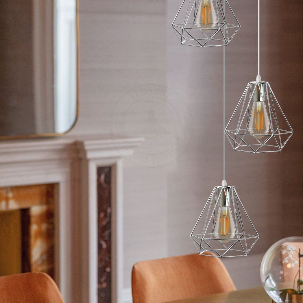 LEDSONE 3 Head Chrome Diamond Wire Cage Pendant Light with 20cm Round Base and E27 Holders – Ceiling Fitting