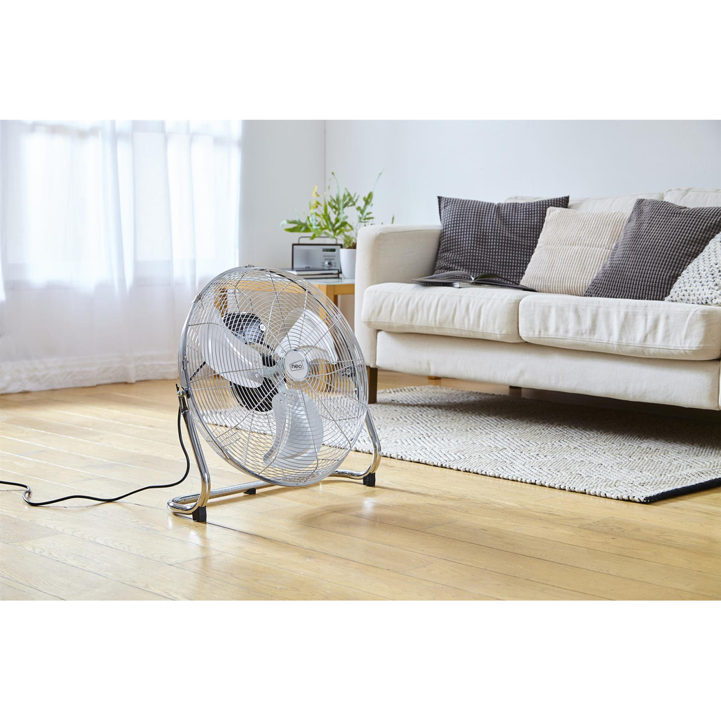 Neo 16 Inch High Velocity Chrome Metal Floor Fan with Adjustable Tilt – Home, Gym & Workshop Cooling