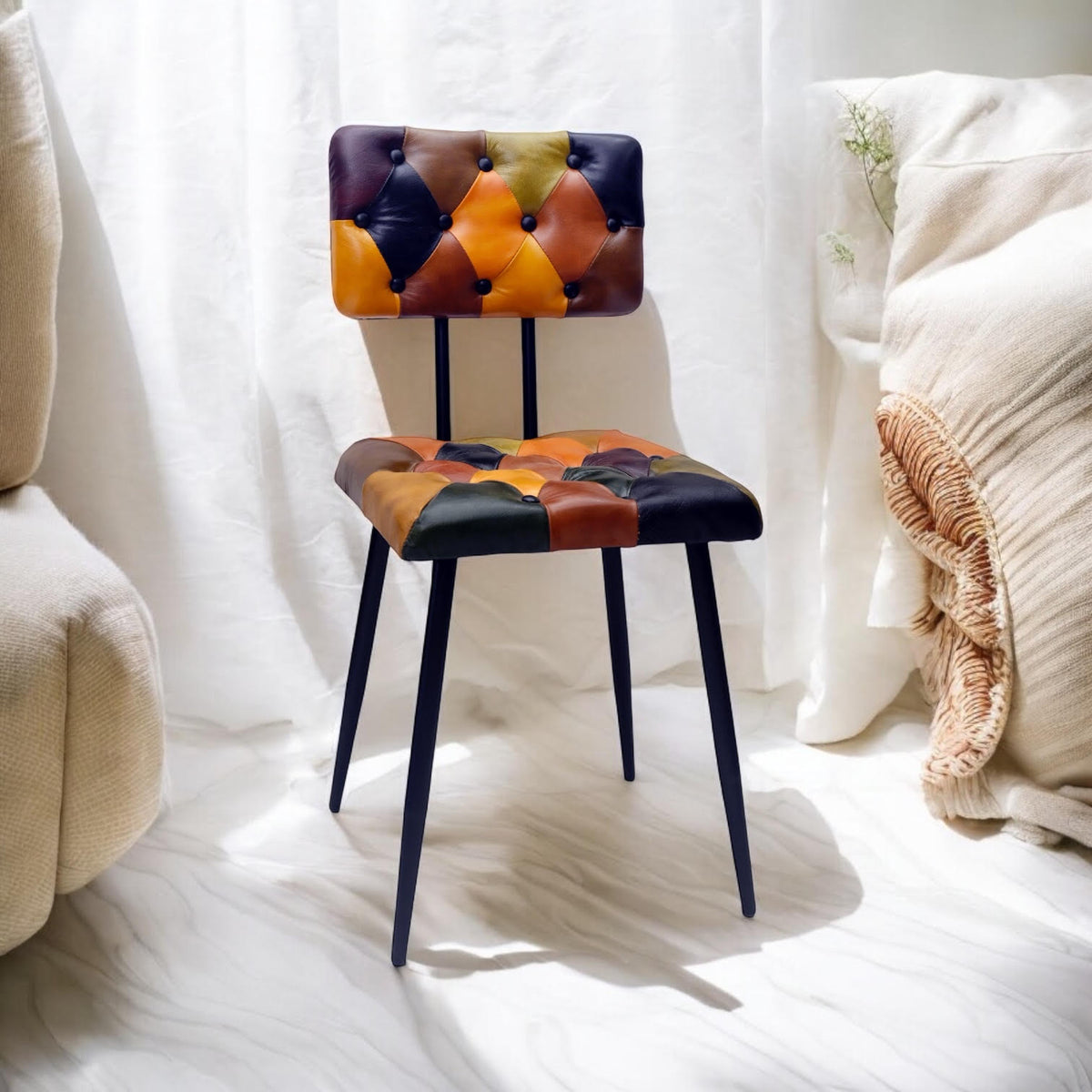 Retro patchwork leather dining chair
