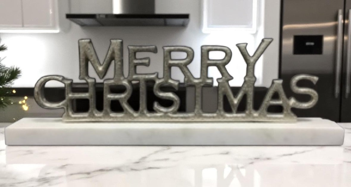 12" Nickel Plated Merry Christmas Sign on Stand – Freestanding Festive Mantel and Table Decoration