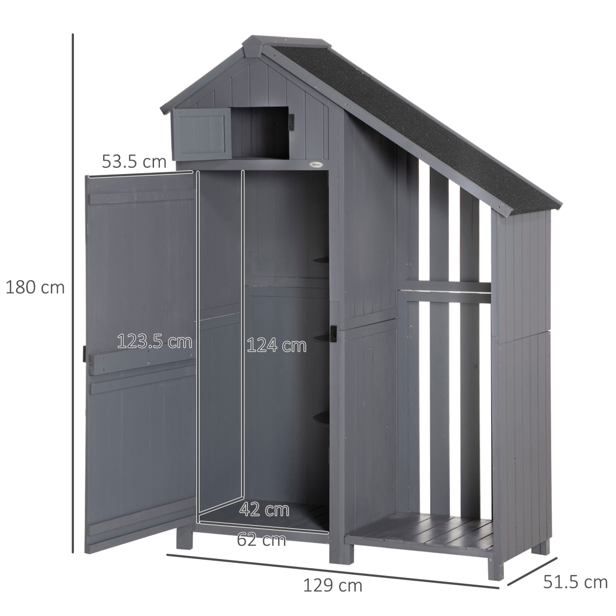 HOMCOM Wooden Garden Tool Storage Shed with 3 Shelves and Firewood Rack – Outdoor Fir Wood Storage, Grey