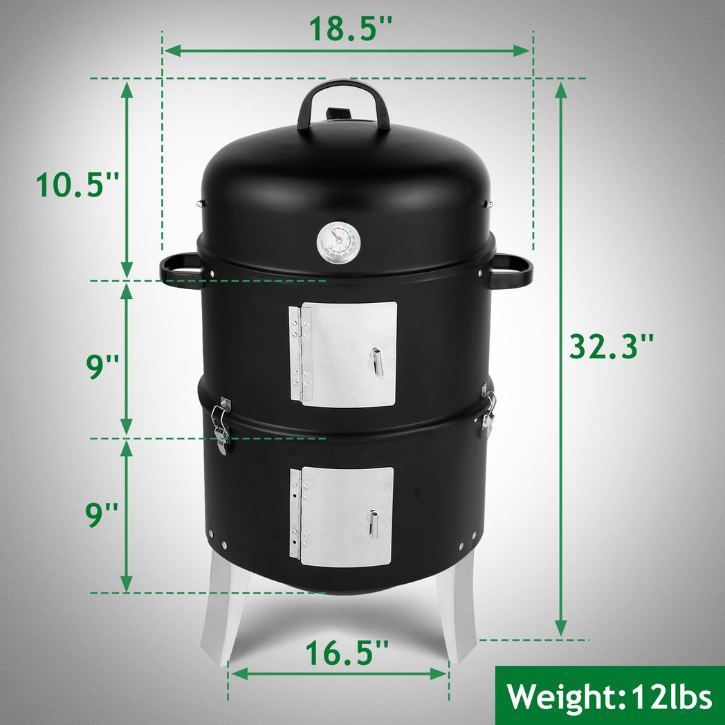 Vertical Steel Charcoal Smoker – Heavy-Duty Double-Layer Round BBQ Grill for Outdoor Cooking, Black