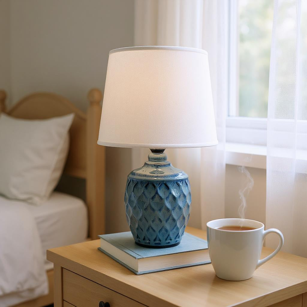 AcaciaHome 40cm Blue Ceramic Table Lamp with White Drum Shade – Corded 240V Home & Office Lighting