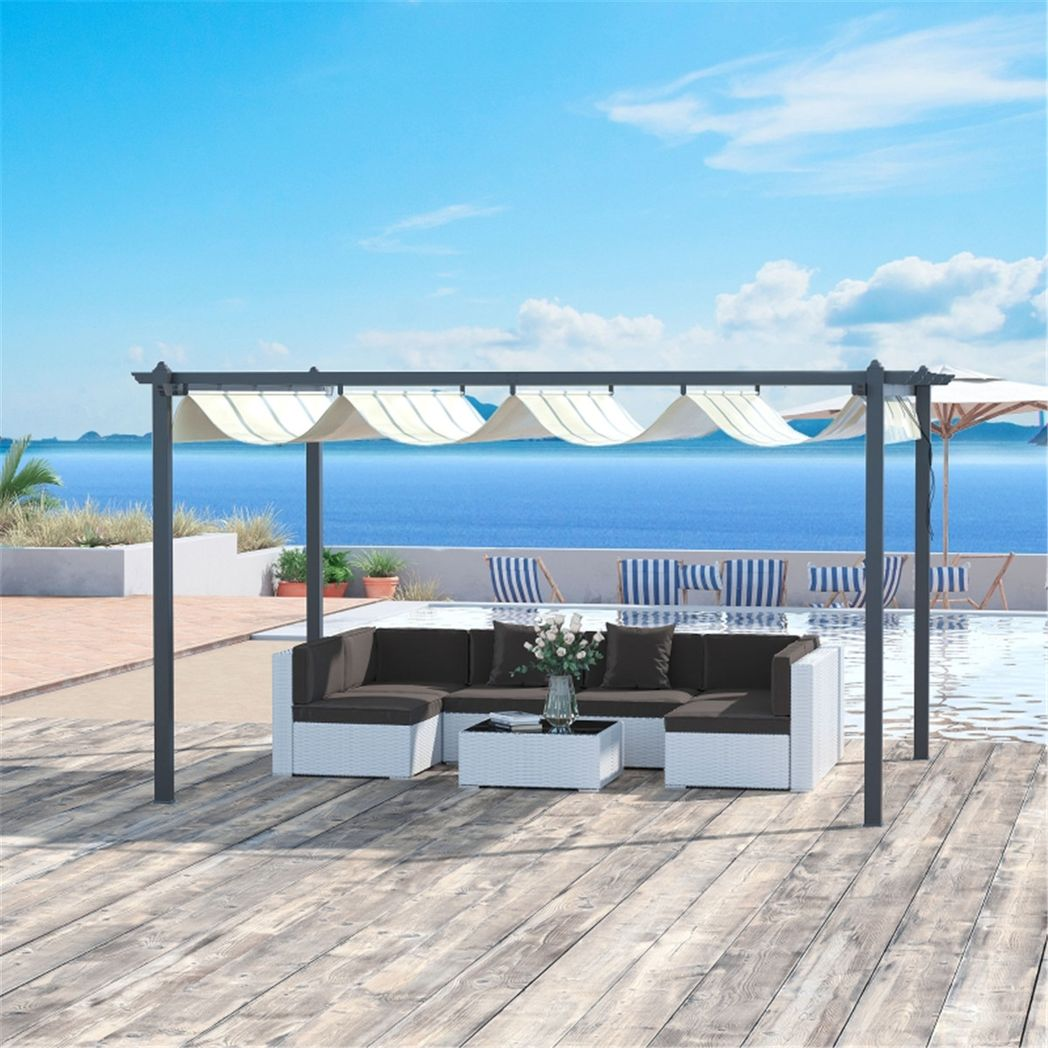 4 x 3m Aluminium Pergola Gazebo with Retractable Canopy – Garden Sun Shade, Cream White & Dark Grey