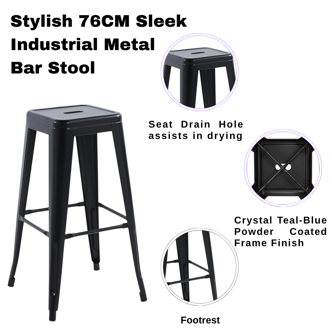 76 cm Industrial Metal Bar Stool with Steel Frame – Sturdy Seating for Kitchen Islands and Home Bars, Black
