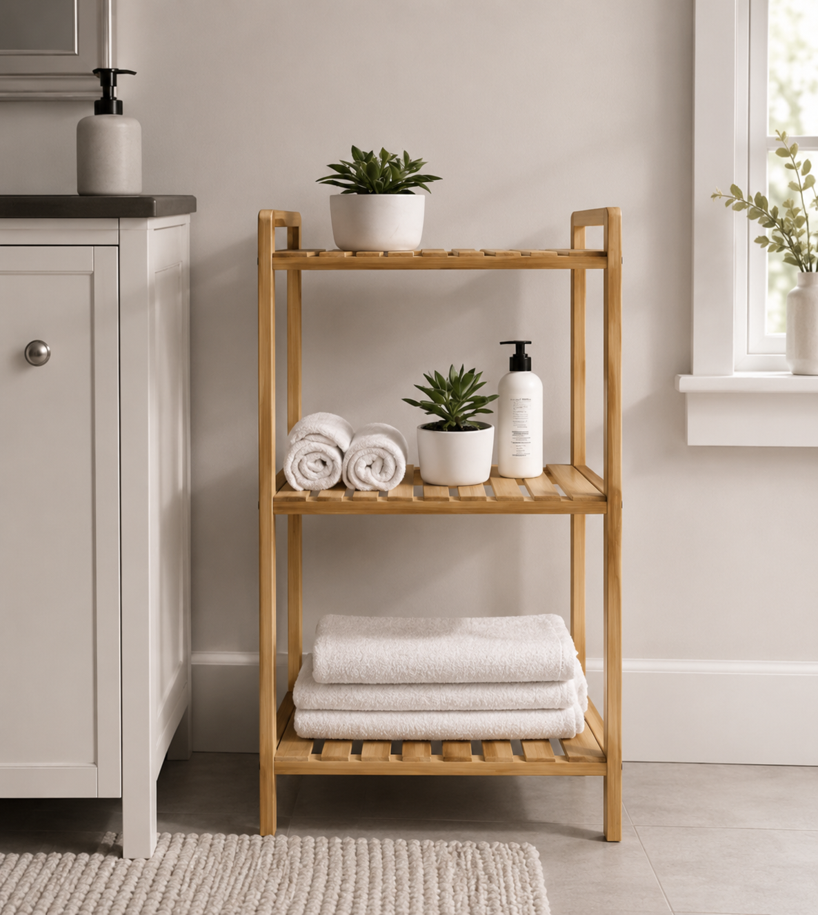 Avilo 3 Tier Bamboo Storage Shelf with Slatted Design – Freestanding Rack for Bathroom & Bedroom