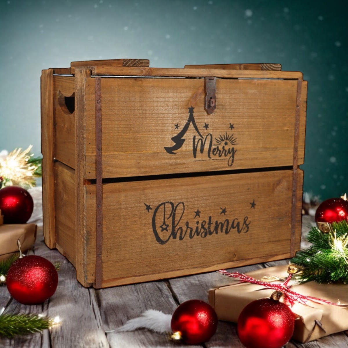 AcaciaHome Rustic Merry Xmas Wooden Storage Crate with Carry Handles – Christmas Eve Box, Vintage Brown