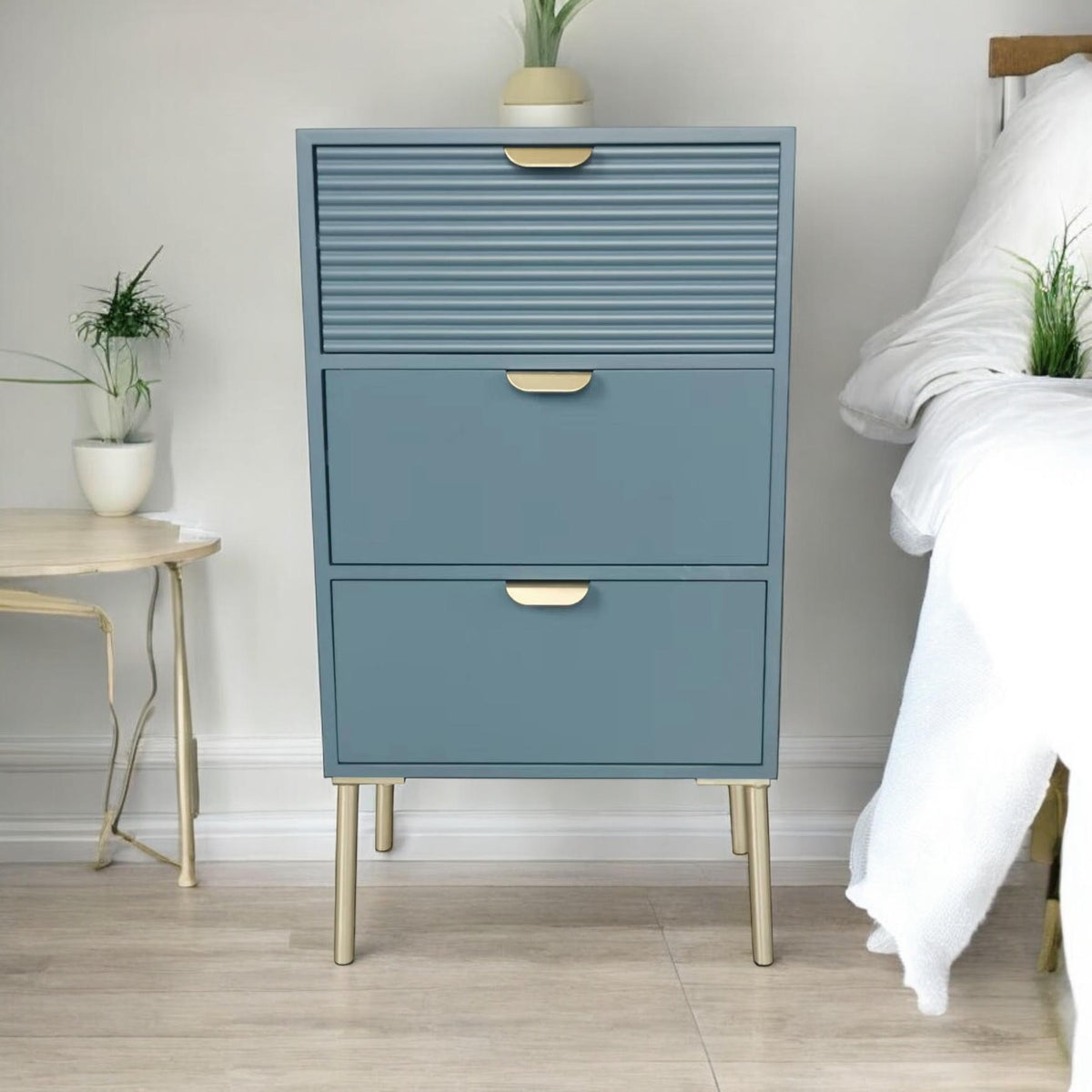 AcaciaHome Wooden 3 Drawer Chest with Solid Pine Top & Metal Handles – Compact Bedroom Storage, Blue