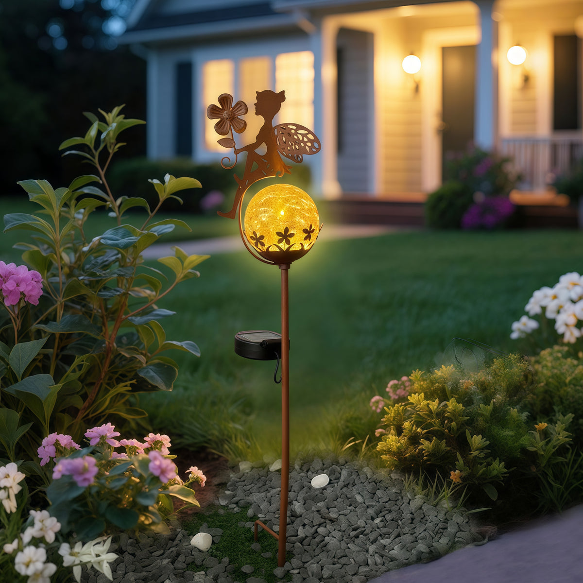 Avilo Copper Look Solar Fairy Garden Light with Crackle Glass Effect and Flower Petal Base